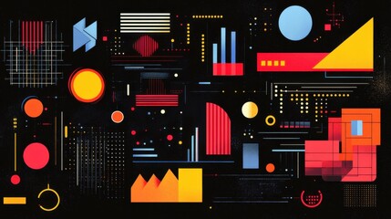 Obraz premium Abstract geometric designs with vibrant postmodern symbols and deconstructed shapes, ideal for high-tech prints and poster art