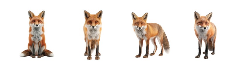 Fototapeta premium Four red foxes sitting and standing in a row displaying their bright orange fur and bushy tails