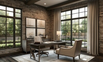 Fototapeta premium Elegant home office interior with modern furnishings, large windows, stylish decor, and warm natural light in a tranquil setting