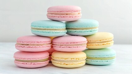 Obraz premium Sweet temptation - a pyramid of pastel macarons in different colors against a clean white backdrop, perfect for food blogs and websites
