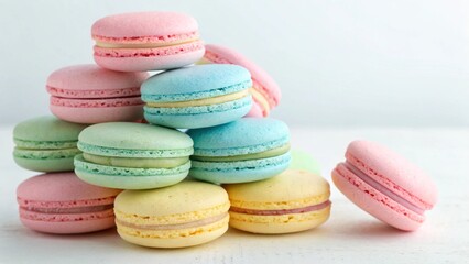 Delightful assortment of pastel colored macarons piled up, creating a visually appealing sweet treat display