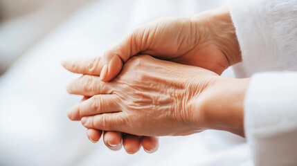 Elderly woman holding hands showing wrinkles and aging skin