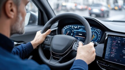 Man Driving Modern Car, Digital Dashboard