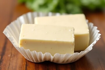 Two pats of butter sit in a paper wrapper on a wooden surface.