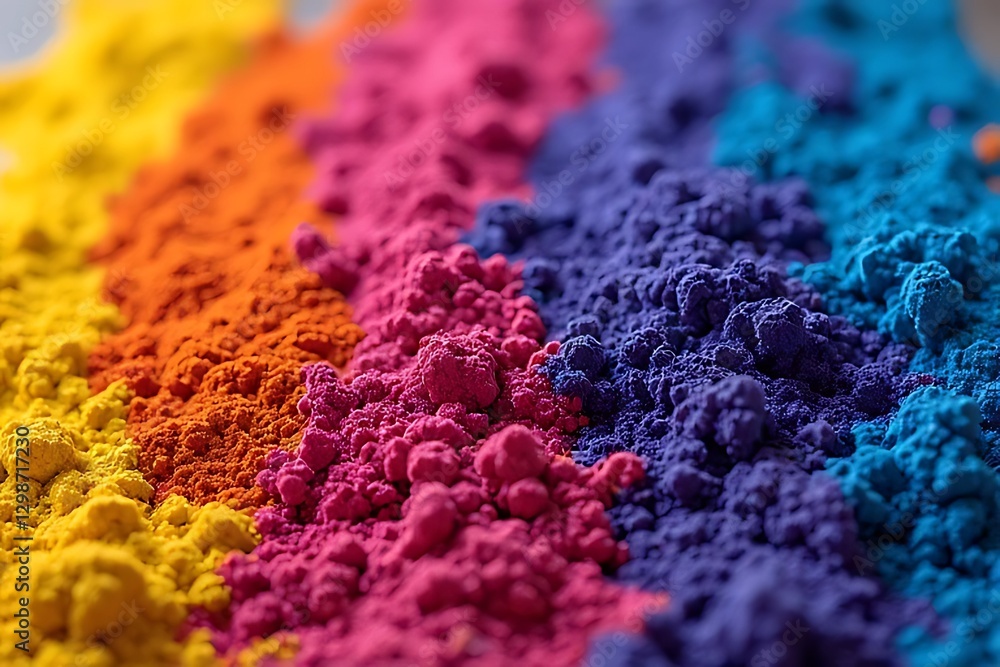 Poster vibrant array of colorful powder pigments create an artistic gradient display.