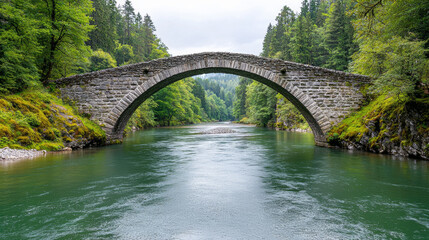 Fototapeta premium Tranquil river valley views. picturesque river valley with ancient stone bridge surrounded by lush greenery and calm waters