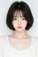 Fototapeta premium Female Asian Model with Short Hair - Young Beautiful Woman with Bob Haircut - Studio Portrait of Asian Beauty for Fashion, Cosmetic, Skincare - Posing on White Background - Smooth Hair