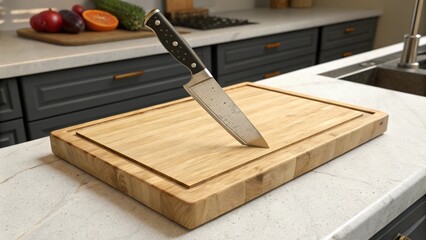 Simple kitchen scene with a knife in a cutting board, on a grey kitchen counter, for culinary and cooking themes