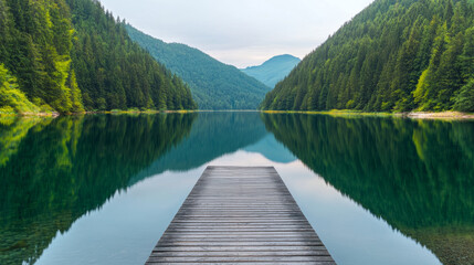 Tranquil river valley views. serene river valley with small wooden dock reflecting in calm water, surrounded by lush green mountains