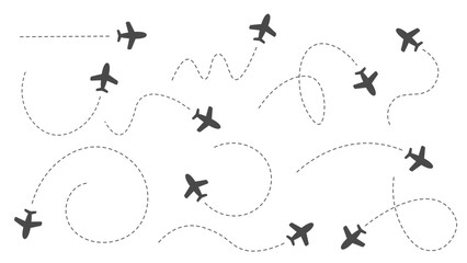 Set of black airplane silhouettes with curved, looped and wavy flight paths