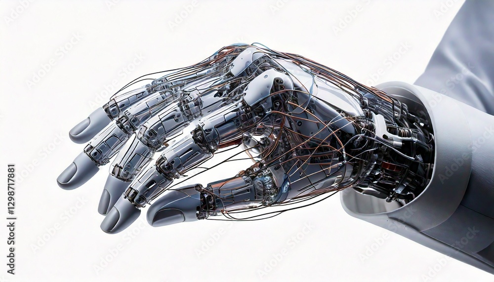 Poster a close-up of a robotic hand with intricate details of its internal wiring and metallic structure. t