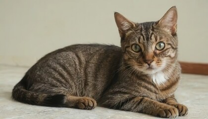 A Striking Tabby Cat Relaxing Indoors, Domestic Setting, Photography, Warm Light, Close-Up Perspective, Pet Lifestyle