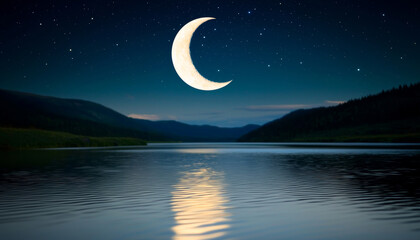 Obraz premium Tranquil river valley views. serene river valley under crescent moon reflecting on water, stars twinkling above