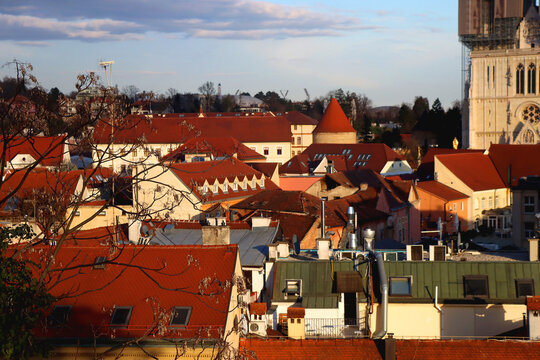 Zagreb skyline with Zagreb Cathedral and St. Mary Church. View from Strossmayer Promenade on Upper Town.