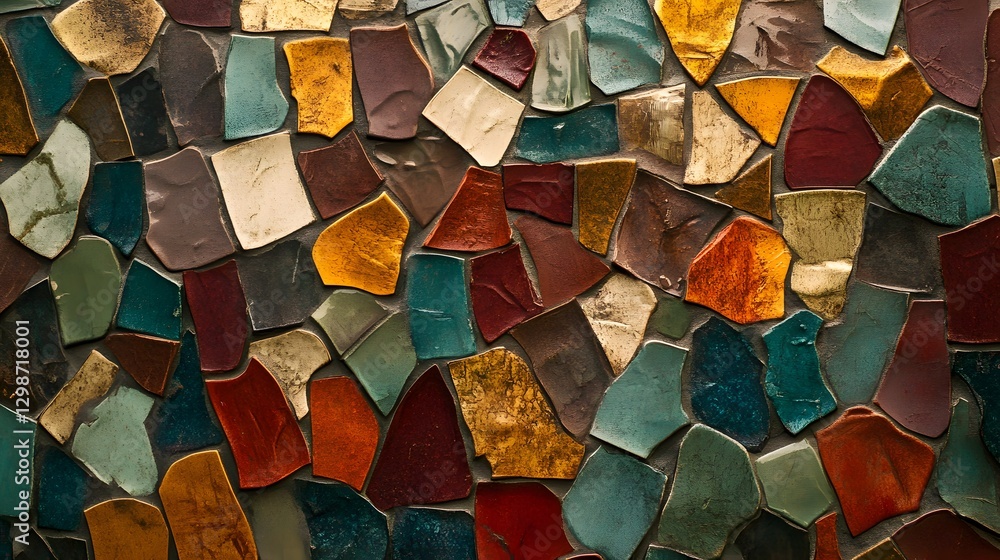 Poster abstract mosaic tiles with irregular shapes and rich jewel tones, showcasing artistic patterns and c