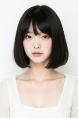 Female Asian Model with Short Hair - Young Beautiful Woman with Bob Haircut - Studio Portrait of Asian Beauty for Fashion, Cosmetic, Skincare - Posing on White Background - Smooth Hair