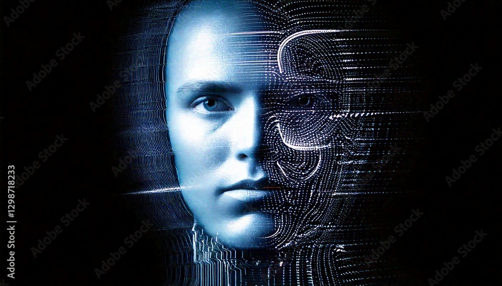 Poster a futuristic portrait of a human face with data streams, symbolising artificial intelligence and tec
