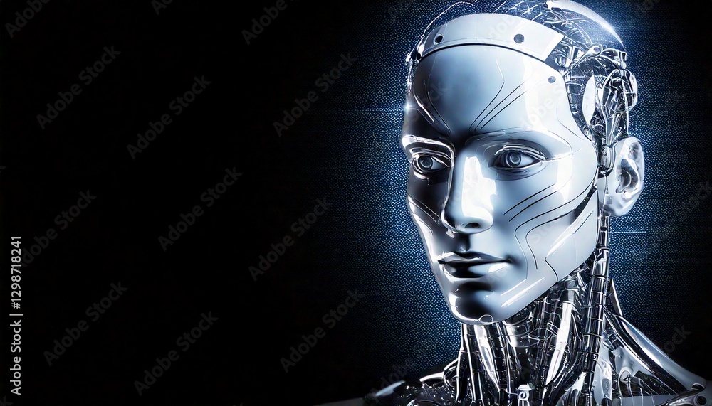 Poster a close-up of a modern robot with a metallic silver surface, showing the futuristic features