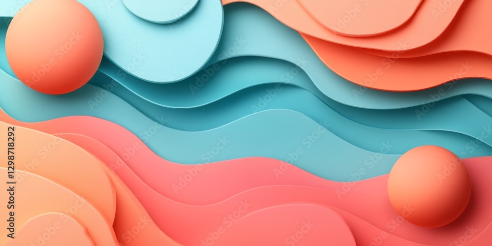 Poster abstract pastel layered waves and spheres create depth visually