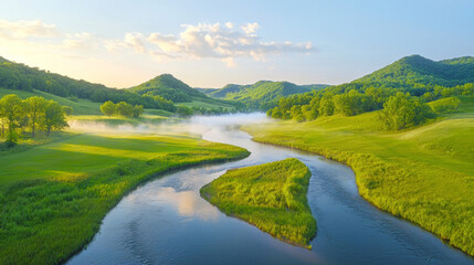 Obraz premium Tranquil river valley views. serene view of tranquil river valley at sunrise, surrounded by lush greenery and mist