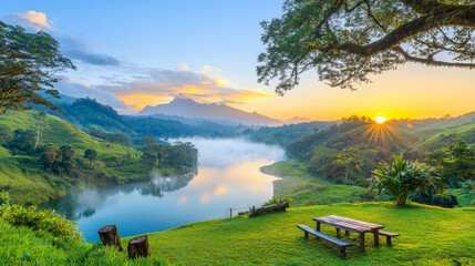 Obraz premium Tranquil river valley views. serene view of tranquil river valley at sunrise, showcasing lush greenery and mist