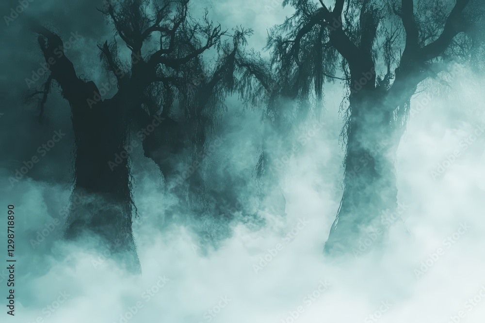 Poster at dawn, a gentle mist envelops ancient trees in a quiet forest, adding a sense of mystery and calm.