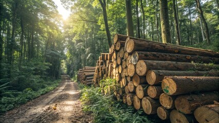 Log pile in a forest setting with a dirt track disappearing into the misty distance, portraying both the industry of logging and the tranquility of the natural woodland