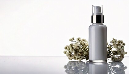 a sleek cosmetic bottle displayed with a delicate floral arrangement. The bottle's design and arrangement suggest purity, health and beauty