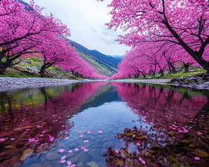 Tranquil river valley views. tranquil river valley in spring, blooming cherry blossoms reflect beautifully on water surface, creating serene atmosphere