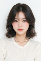 Fototapeta premium Female Asian Model with Short Hair - Young Beautiful Woman with Bob Haircut - Studio Portrait of Asian Beauty for Fashion, Cosmetic, Skincare - Posing on White Background - Smooth Hair