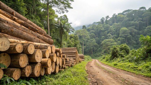 Awaiting collection - freshly sawn tree trunks neatly arranged in a stack by a woodland track, with a blurred forest background under a hazy sky - Powered by Adobe