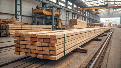 Fototapeta premium Rows of processed spruce planks neatly arranged in stacks at a timber depot, with industrial cranes and buildings in the background under a cloudy sky