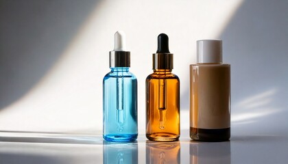 Fototapeta premium three different skincare products elegantly arranged, showcasing their varied colors and textures, emphasizing the essence of beauty, highlighting the essence of self-care