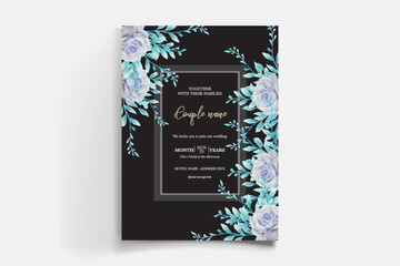 WEDDING INVITATION FRAME WITH FLOWER DECORATIONS AND FRESH LEAVES