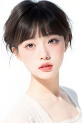 Obraz premium Female Asian Model with Short Hair - Young Beautiful Woman with Bob Haircut - Studio Portrait of Asian Beauty for Fashion, Cosmetic, Skincare - Posing on White Background - Smooth Hair
