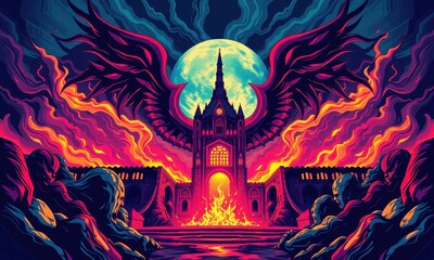 Mythical Gothic Cathedral with Majestic Wings Under a Full Moon Illuminated by Fiery Flames and Surrounded by Enigmatic Figures in a Colorful Night Sky