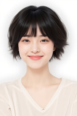 Fototapeta premium Female Asian Model with Short Hair - Young Beautiful Woman with Bob Haircut - Studio Portrait of Asian Beauty for Fashion, Cosmetic, Skincare - Posing on White Background - Smooth Hair