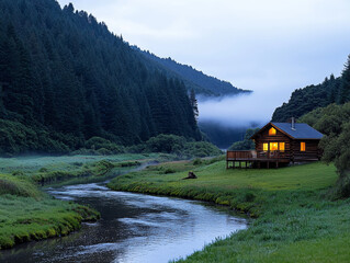 Fototapeta premium Tranquil river valley views. tranquil river valley with wooden cabin nestled in lush greenery, surrounded by misty mountains