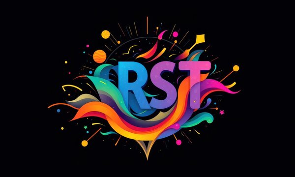 Vibrant and Colorful Abstract Design with Stylized Letters "RST" Featuring Dynamic Shapes and Patterns in a Dark Background of a Graphic Composition