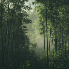 Obraz premium A high-resolution view of a dense bamboo forest, tall green stalks reaching towards the sky, soft mist adding depth, calm and serene atmosphere, tranquil realism. 