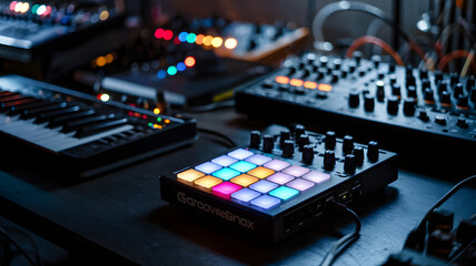 Electronic Music Studio with Synthesizers and Sampler. A variety of electronic music equipment including synthesizers, drum machine, and sampler set on the table in the recording studio.