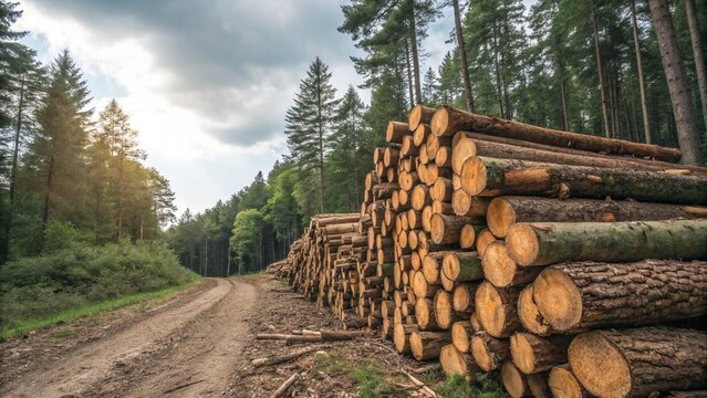 A large pile of freshly cut timber logs stacked beside a dirt forest road, under a cloudy sky. Represents forestry and timber industry