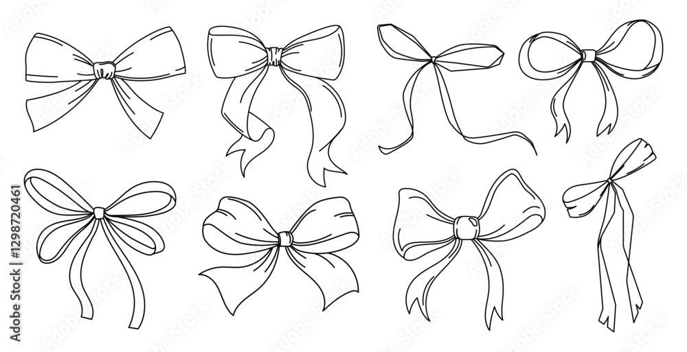 Poster bows line art drawing with different styles of ribbons with different shapes set in sketch style, de