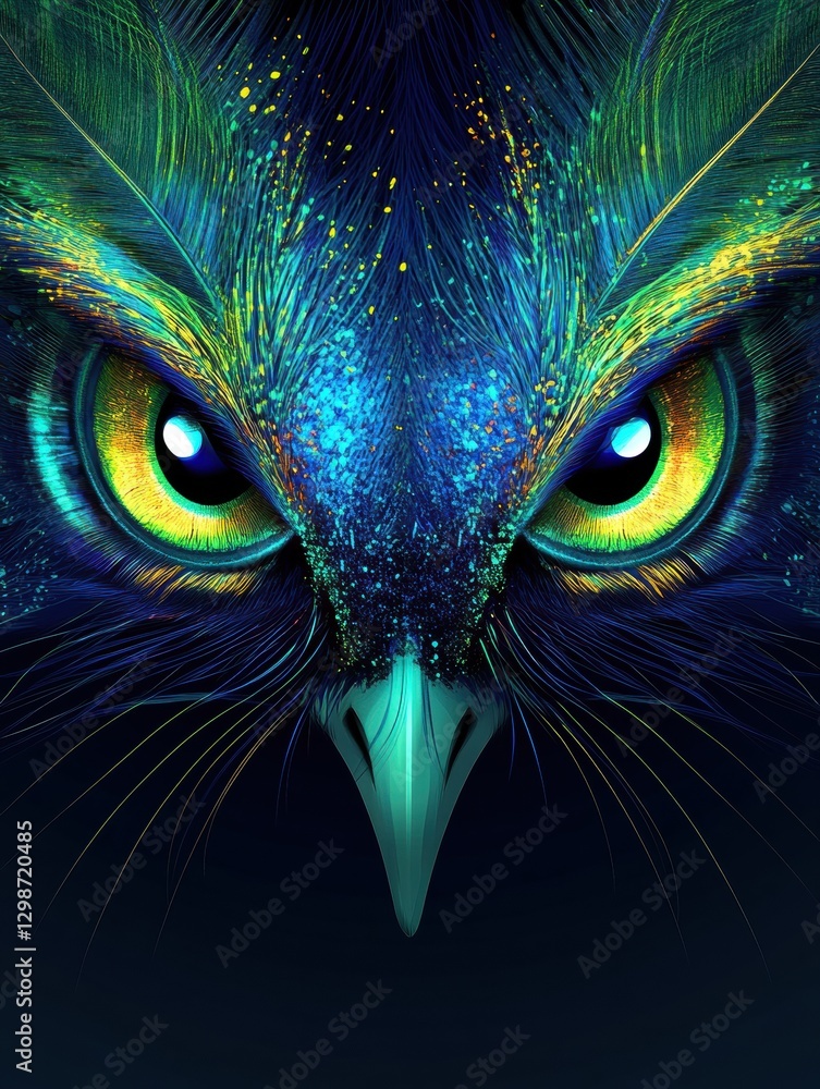 Poster vibrant close up of an owls mesmerizing eyes with intricate feather details and vibrant colors. gene