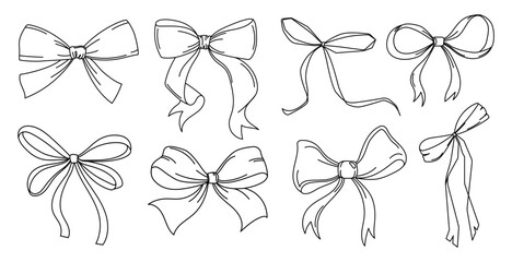 Bows Line art drawing with different styles of ribbons with different shapes set in sketch style, decorative bows for packaging, gift wrapping, invitations, crafts, digital design. Vector illustration