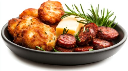 Fototapeta premium Plate of fried cheese balls, chorizo, and cheese with rosemary