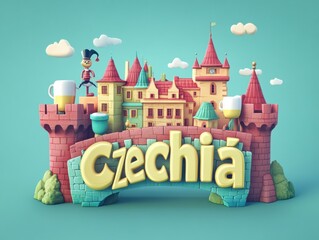 Colorful 3D depiction of Czechia featuring a castle and whimsical character