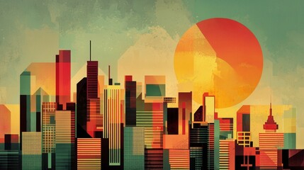 Fototapeta premium Vibrant Sunset Over Abstract City Skyline in Geometric Style