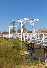 Hogendiekbrücke, historic dutch drawbridge across Lühe river at Steinkirchen, Altes Land region,...