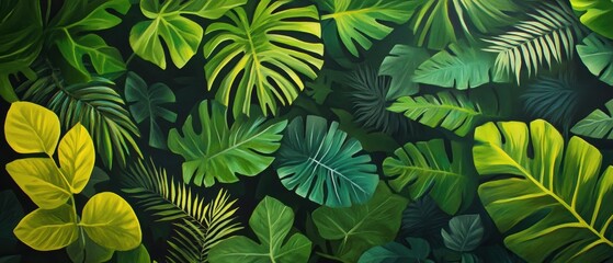 Tropical leaves background full of exotic greenery for interior design, nature wallpaper, and eco-friendly decor showcasing vibrant plant life.